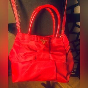 Prada 🎀Tessuto Fiocco 2way Red bag leather and nylon bow and gold hardware EUC